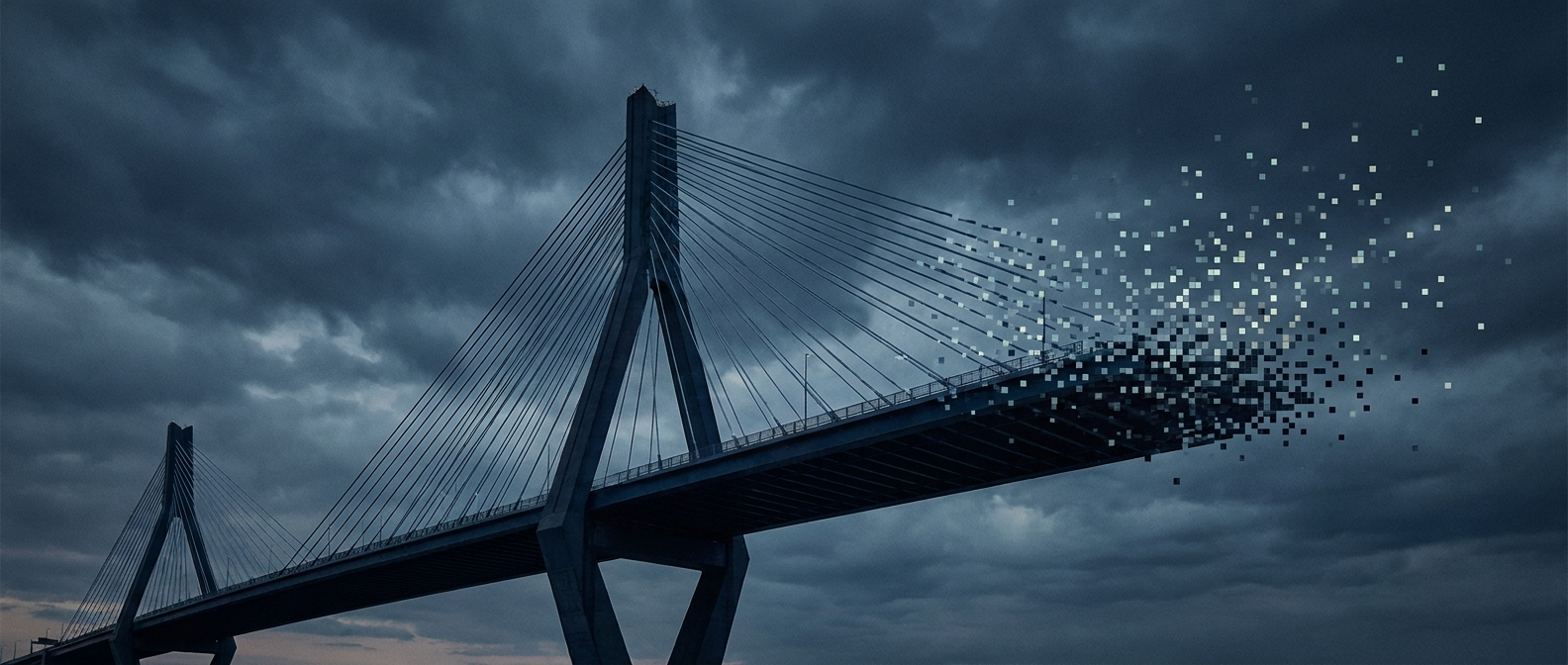 The Legacy Bridge — cable-stay bridge dissolving into data